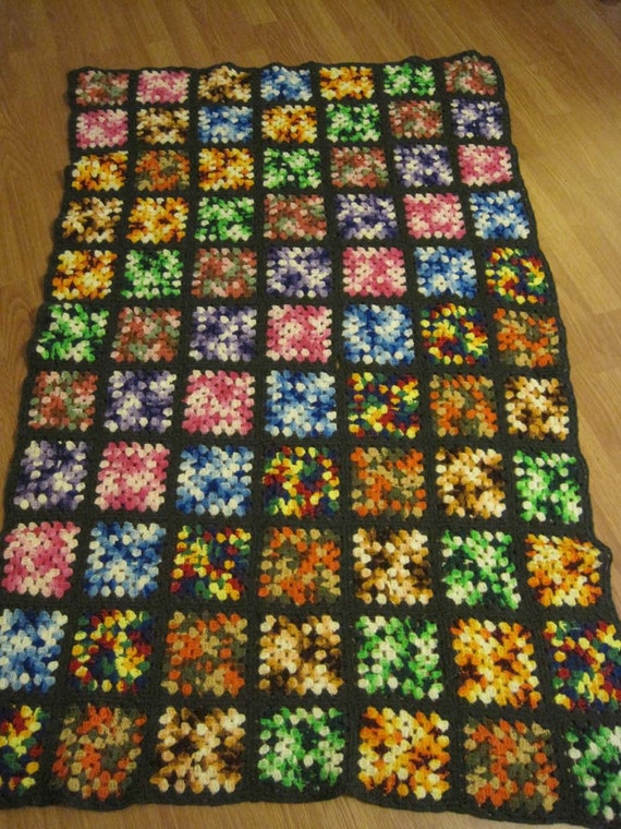 Multi-Color Bright Granny Square Crochet Afghan Blanket Throw