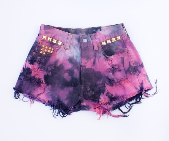 Galaxy Inspired Studded Vintage Levis Tie Dye Cut offs Gold