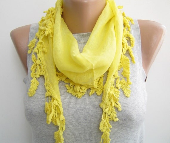 Summer scarf Yellow cotton scarf with cotton lace summer