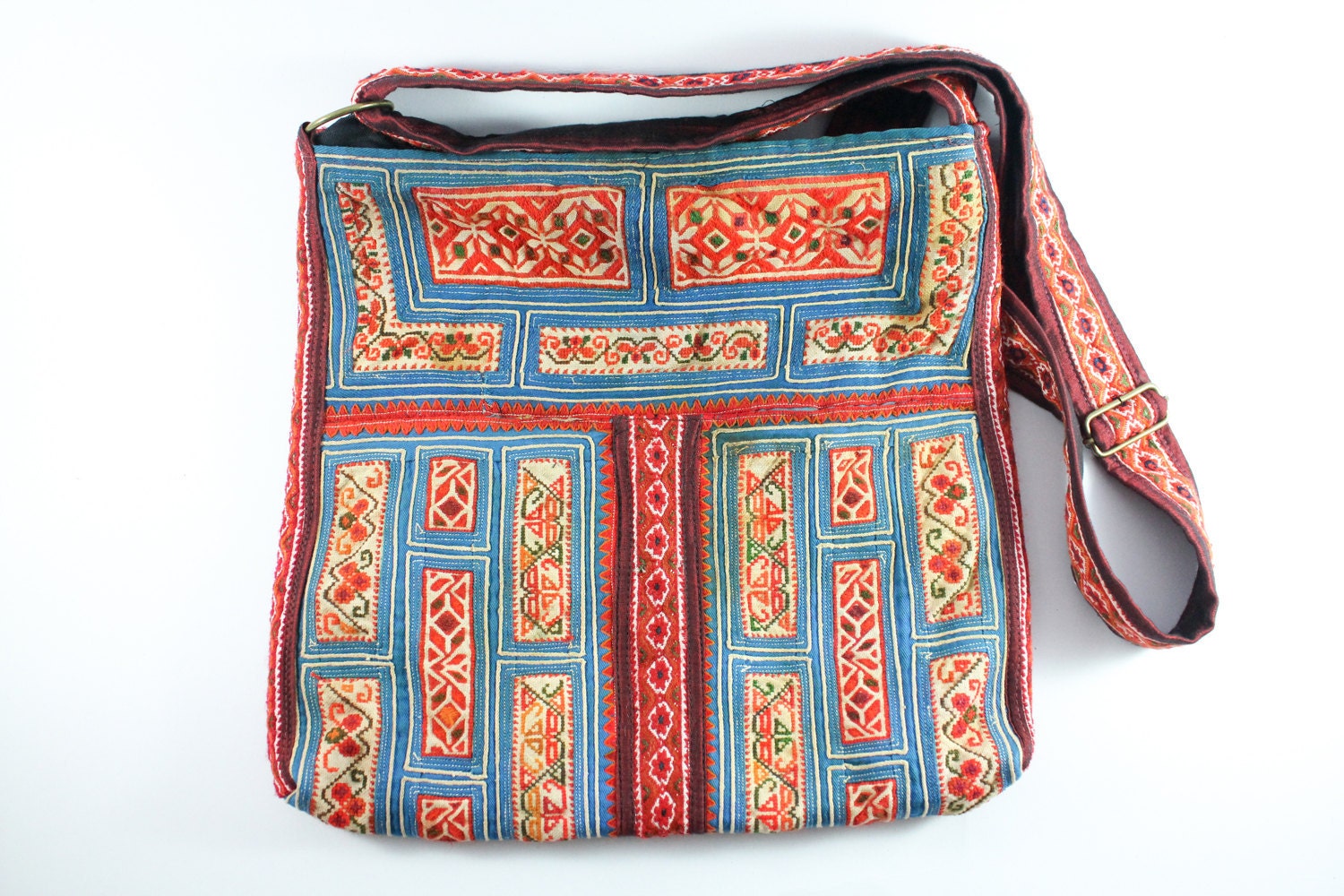 Rare blue vintage tribal crossbody bag Flowers pattern on