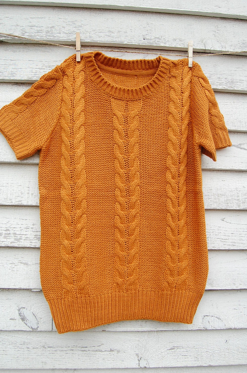 Vintage Mustard Yellow Cable Knit Short Sleeve Sweater Size