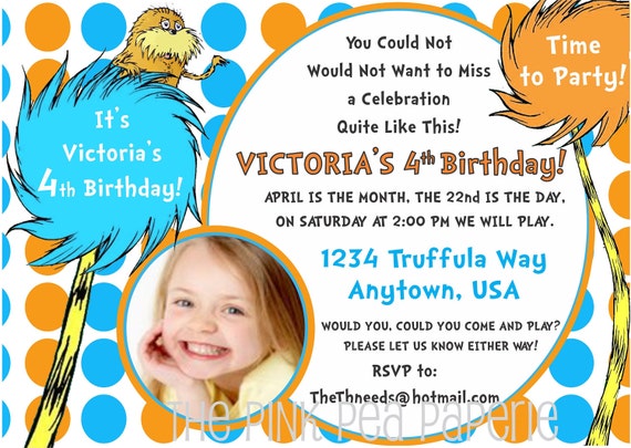 The Lorax Invitation - Dr Seuss The Lorax Invitation - Party Printable Birthday Invitation 5x7 (Lorax, Truffula Trees Dr. Seuss) Il_570xn