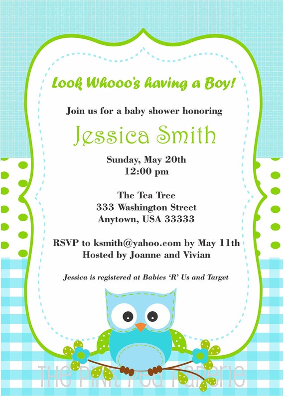 OWL Baby Shower Invitation with turquoise and Green - Digital 5 x 7 Printable Il_570xn