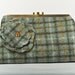 Sale 20% Off - Medium Clutch Purse - Flower on Green and Brown Wool Plaid with Antique Brass Frame.