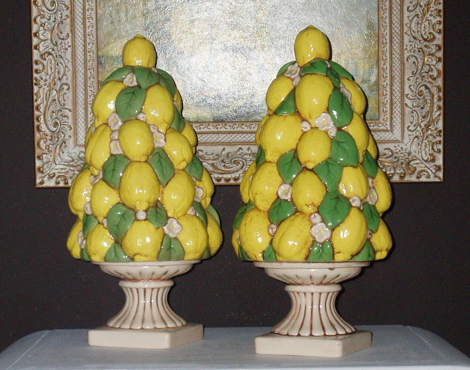 Vintage Pair 1970's Ceramic Lemon Fruit Topiaries