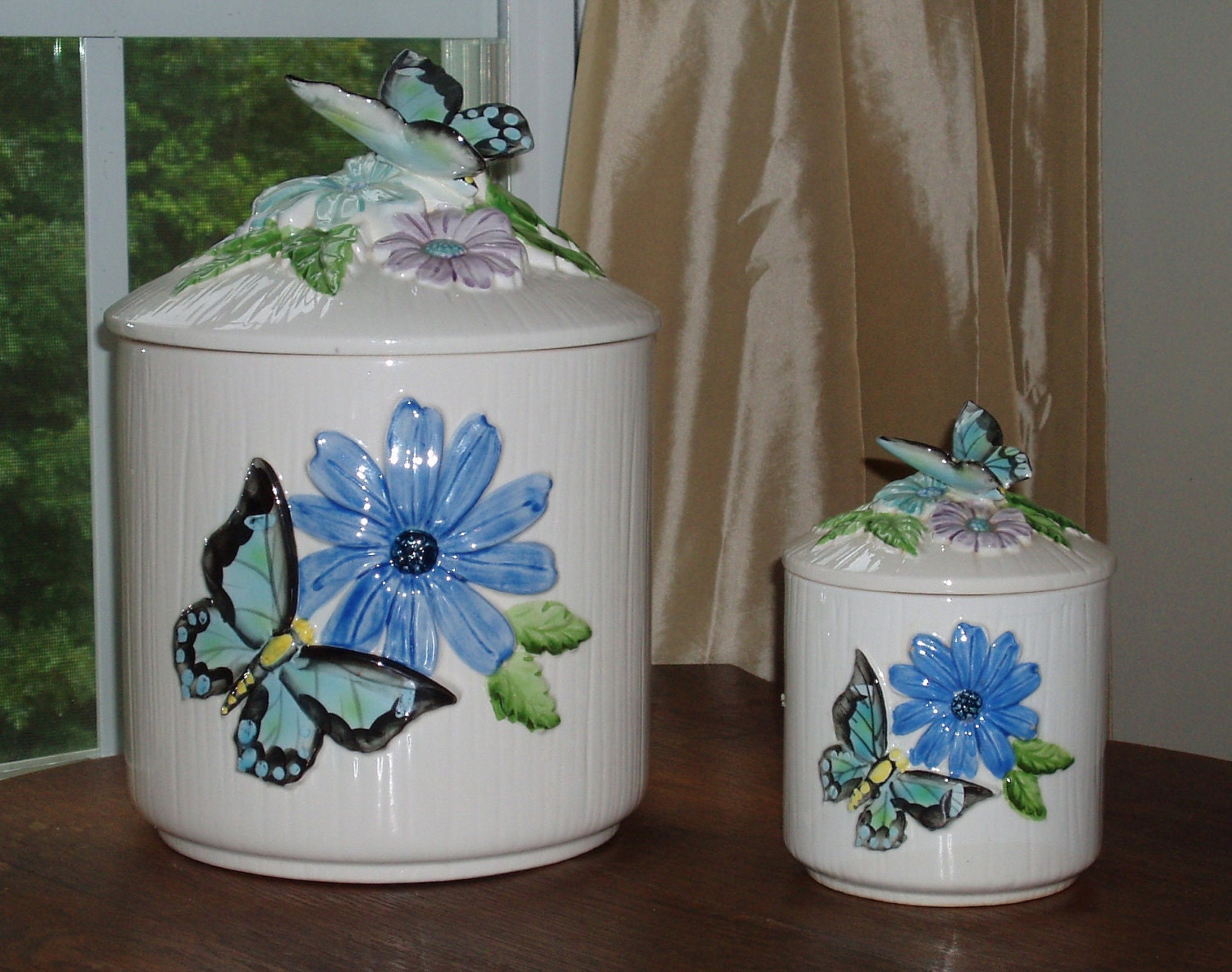 Vintage Ceramic Made in Japan Blue  Butterfly  Canisters Set  of