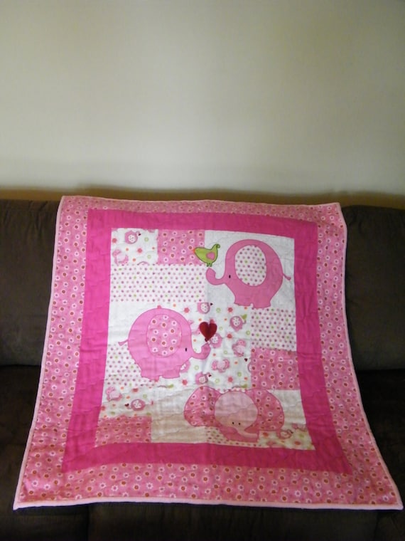 Pink Elephant Flannel Baby Quilt Baby Blanket Panel Quilt
