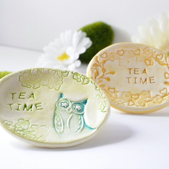 Ceramic Tea Bag Holders Owl Dish Small Plate Yellow and Green