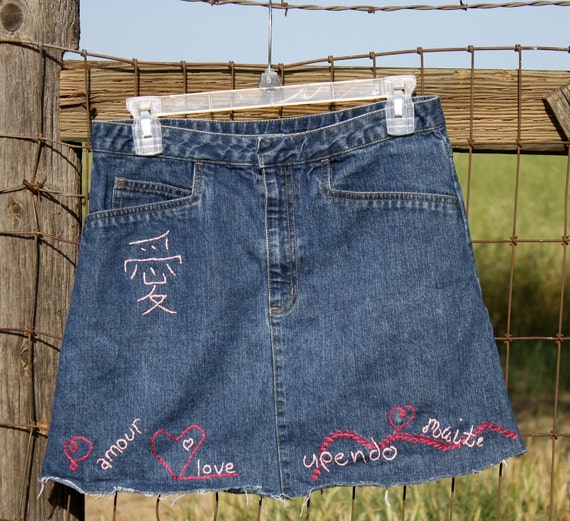Girl's Embroidered Heart and Love Skirt Upcycle