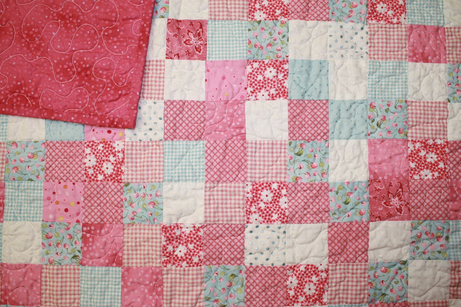 Baby Girl Quilt in Pink and Blue 36 by 33 by SeamsDivine on Etsy