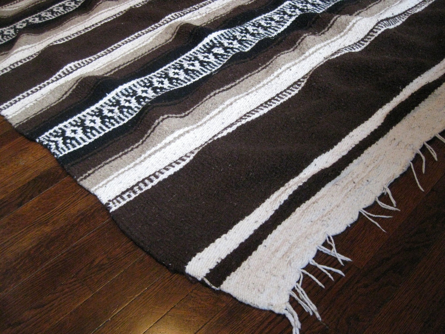 Vtg Wool blend Mexican Blanket Brown Cream White Navajo Throw