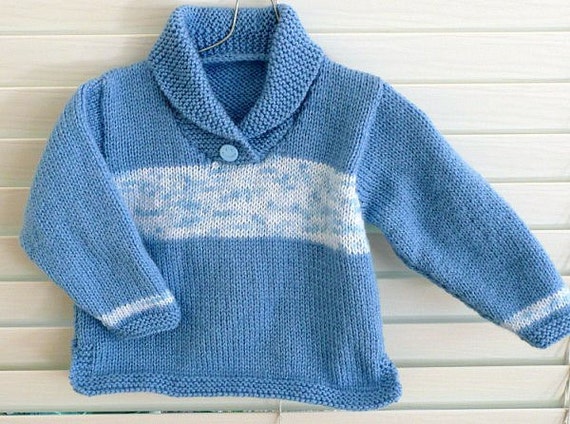 Hand knitted shawl collar baby sweater blue. Jumper by SnuggleBubs
