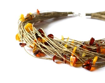 Linen Necklace with Amber, Baltic Amber Necklace, Yellow Brown Sun Amber, Spring Jewelry