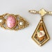 Two Pink Brooches Pins - Gold Tone Vintage Rose Pink Stone Rhinestones Enamel - Victorian - Lot