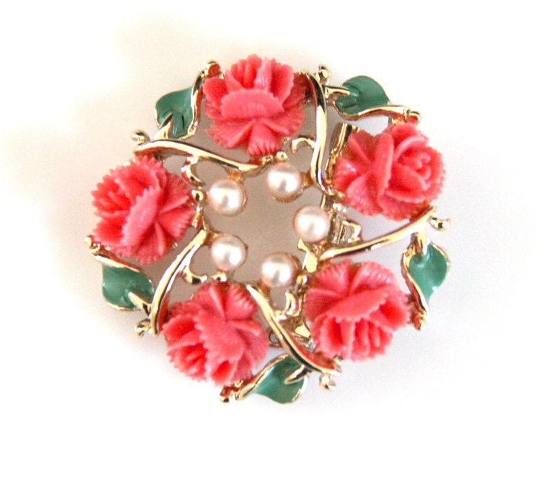 Roses Pearls Brooch Pin Resin Coral Orange by LadyLyBoutique