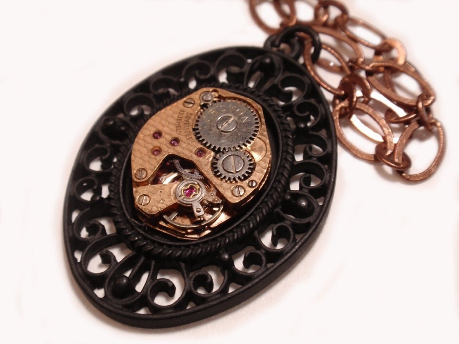 Steampunk Necklace, Gorgeous Black Filigree Pendant, Copper Time Piece