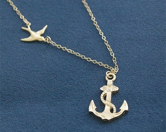 SALE - Gold Anchor Necklace - Anchor Necklace with Swallow in Gold - Sailor Necklace - Nautical - Gold Filled Sailing Sailor Navy Jewelry