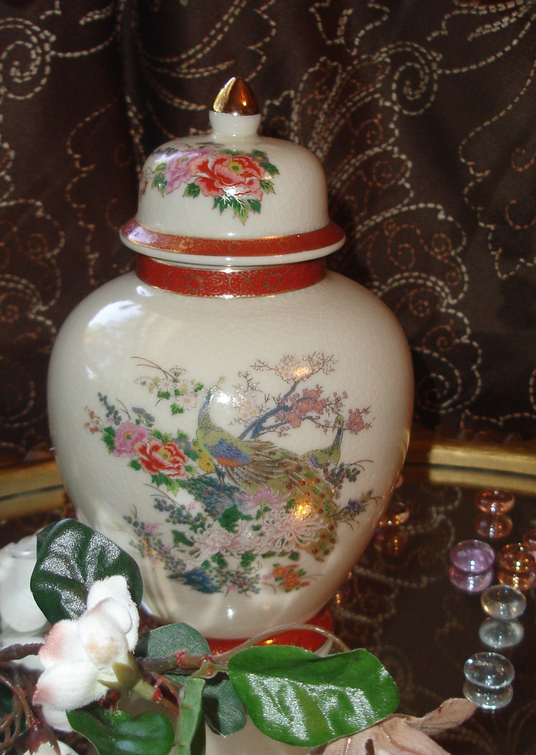 Vintage Peacock Urn Satsuma Japan 1979 Floral Ceramic vase