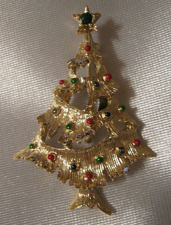Vintage Christmas Tree Pin Brooch GERRYS Enamel & Rhinestone