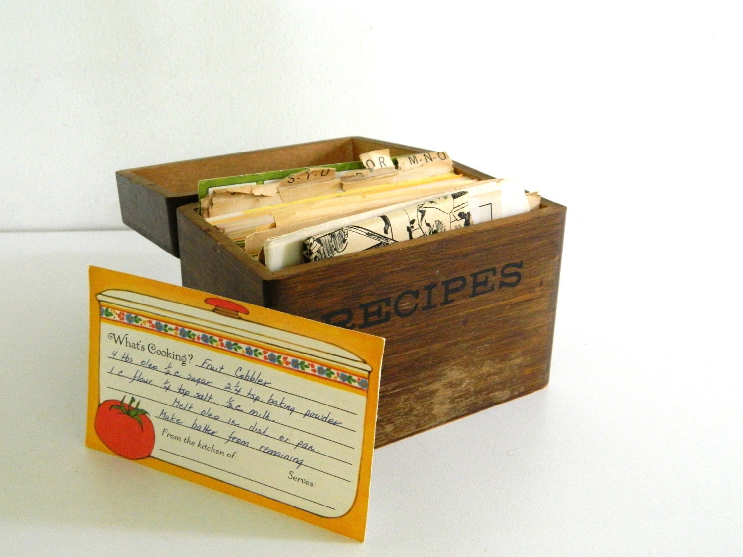 Vintage Wooden Recipe Box with Recipes Inside