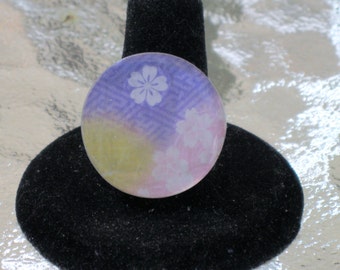 Japanese Origami Paper Purple Yellow and Pink Round Mirror Tile Adjustable Ring