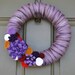 REDUCED Yarn Wreath/Felt Flowers/Purple Ribbon