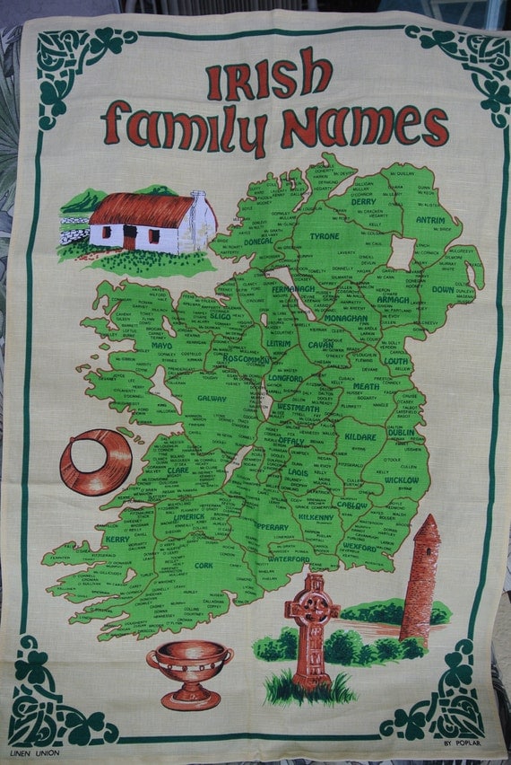 Irish family names tea towel/ wall hanging. Map of Ireland