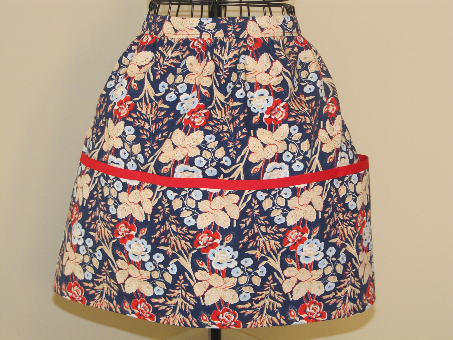 Apron Half Apron with Three Pockets Red Blue Beige