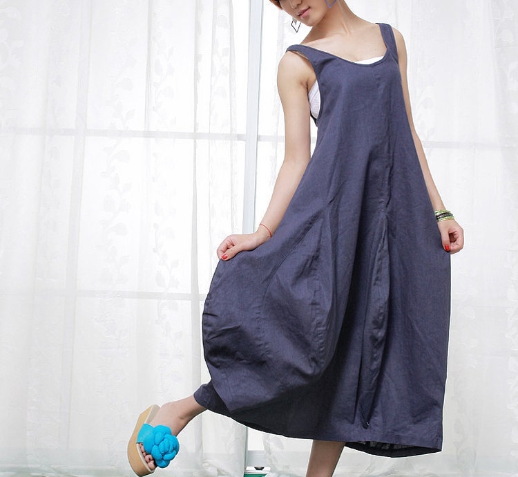 Blue Linen Dress Flower Shaped Puffy Skirt Maxi Vest by YL1dress