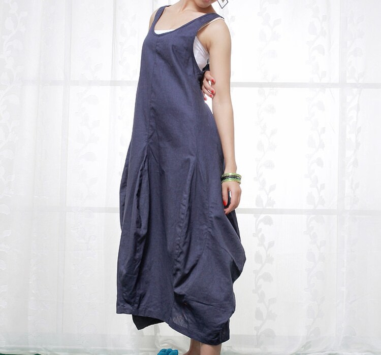 Blue Linen Dress Flower Shaped Puffy Skirt Maxi Vest by YL1dress