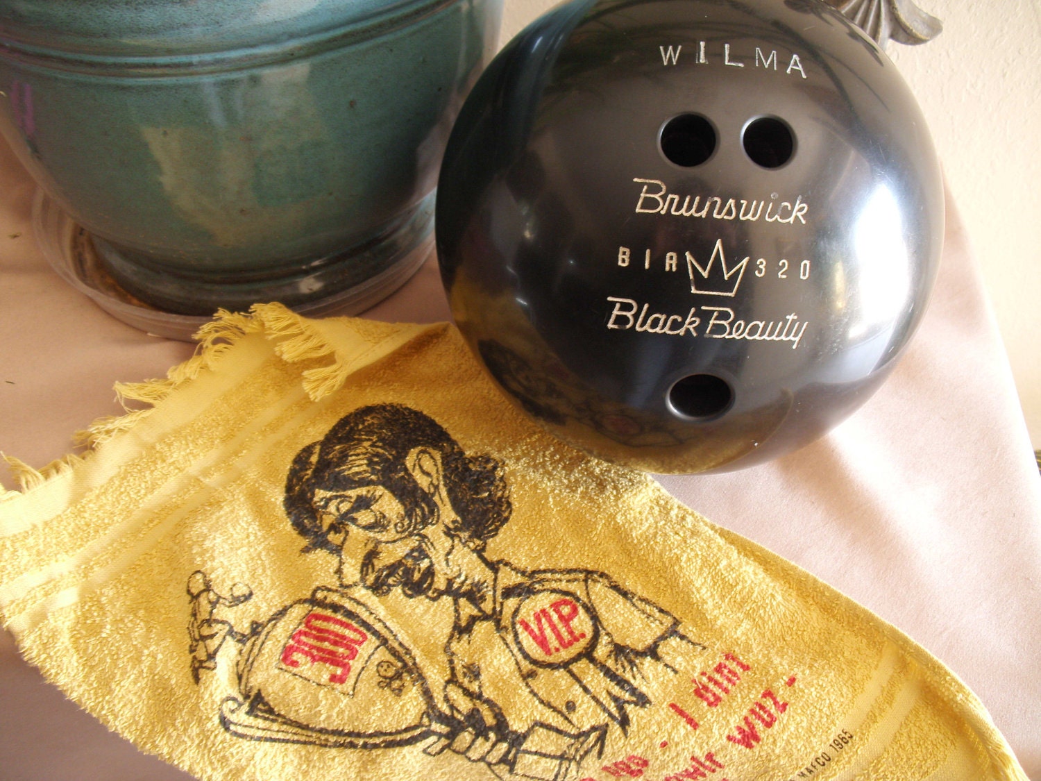 Brunswick Black Beauty engraved bowling ball and rag vintage