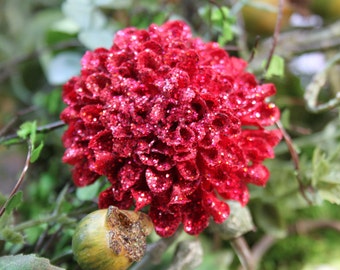 Glittered Red Pompom Mum Alligator Hair Clip- Handmade Floral Headpiece