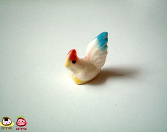White with Light Blue Bottom Ceramic Chicken, rooster, chick, mini, ceramic animal, little animal, small animal, tiny, miniature, iammie