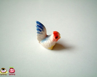 White with Blue Bottom Ceramic Chicken, rooster, chick, mini animal, ceramic animal, little animal, small animal, tiny, miniature, iammie
