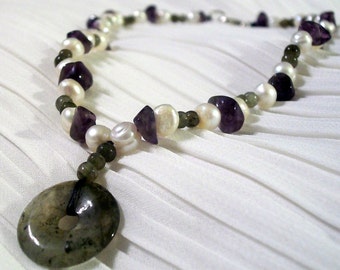 Labradorite, Amethyst and Freshwater Pearl Necklace