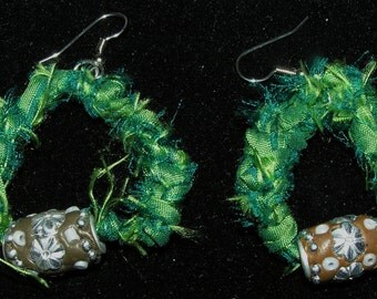 Crocheted Sari Silk Ribbon Earrings with Kashmiri Beads