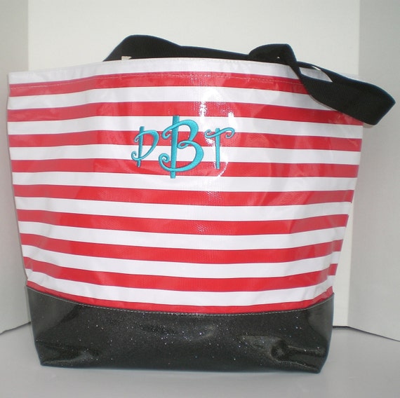 Red and White Stripe Beach Bag with black vinyl sparkle bottom ...