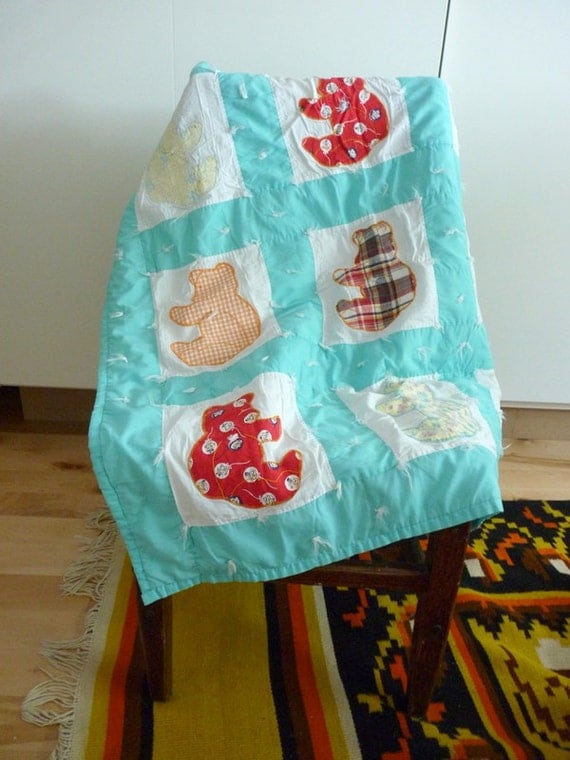 Vintage baby quilt. Mint green with white and colored applique
