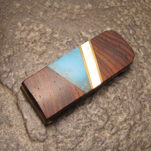 Vintage Money Clip Turquoise Wood Mother of Pearl H042