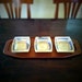 Mid century modern danish teak cheese plate serving platter with stainless steel snack bowls