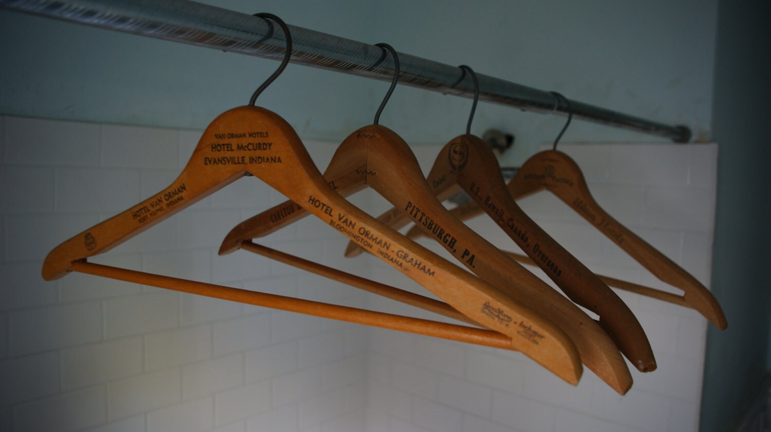 Four Vintage Wooden Hotel Hangers Various Hotels