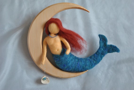 Waldorf inspired needle felted doll mobile: The mermaid on the moon