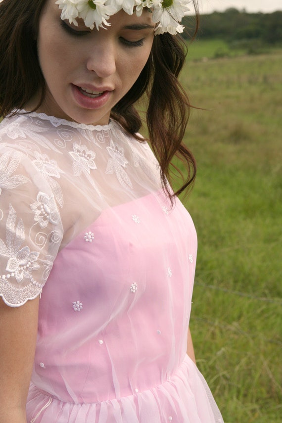 white sheer over bubblegum pink tea length vintage wedding dress