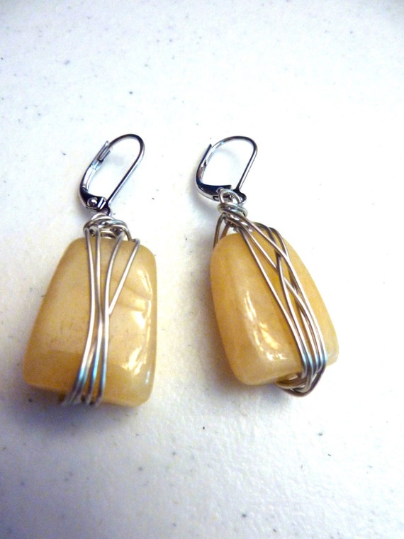 Yellow Butter Jade Wire Wrapped Earrings