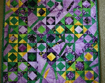 Chaos Art Quilt ; Textile Wall Hanging ; Green , Yellow , Purple Quilt ; Table Topper ; Bright Quilt