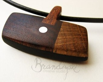 WOODEN JEWELRY - Original Handmade Wooden Necklace - black ebony, rose wood, oak, mahagony & aluminium elements, 3mm leather cord