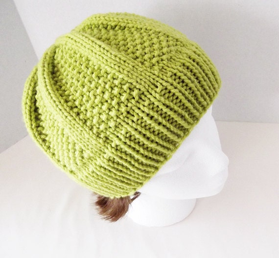 Hand Knit Beanie Lime Green Seed Stitch Skullcap Hat by Yarnettes