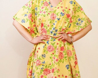 GARDEN OF SUNSHINE Cotton kaftan dress in a sunny yellow floral print. Lounge wear, oversize dress or beach cover up. Maternity kaftan.