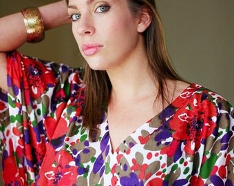 FLEUR GRANDE Cotton kaftan dress in a bold floral print. Lounge wear, oversize dress or Maternity kaftan. Beach cover up.