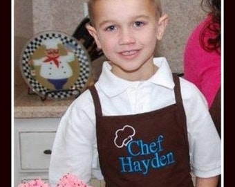 Personalized Boys Apron with Chef Hat and Name - Baking Kids Aprons, Unisex kids aprons, Daddy and Me Aprons, Father Son Aprons, Brown